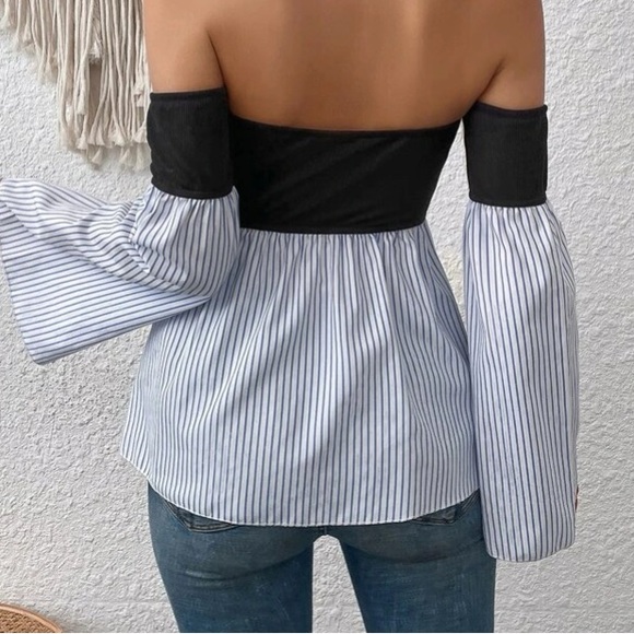 Off Shoulder Bell Sleeved Colorblock Top. - Picture 2 of 14
